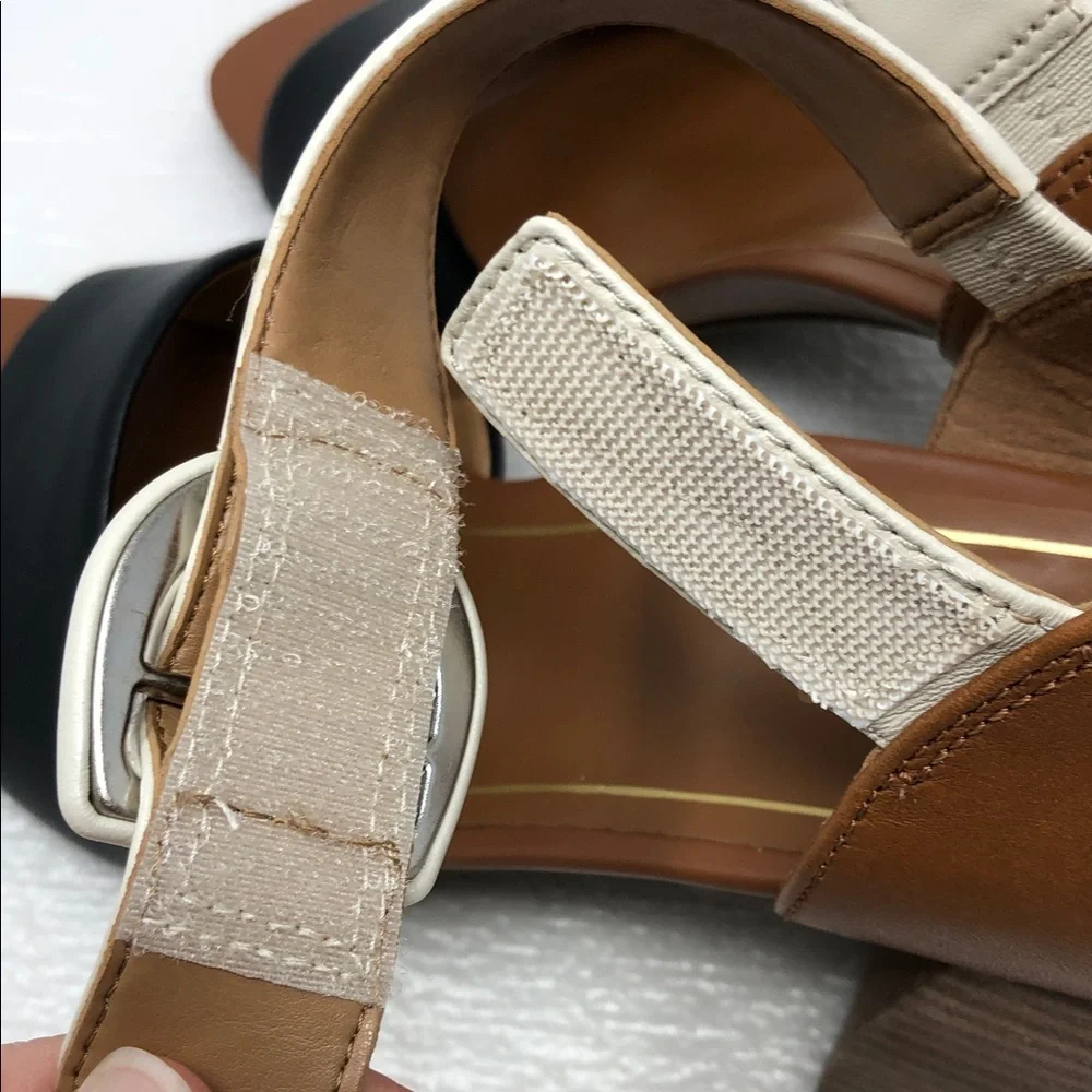 NEW Vionic Heels Chardonnay Tan Black Cream Leather Block Heel Adjustable Strap - Picture 6 of 13
